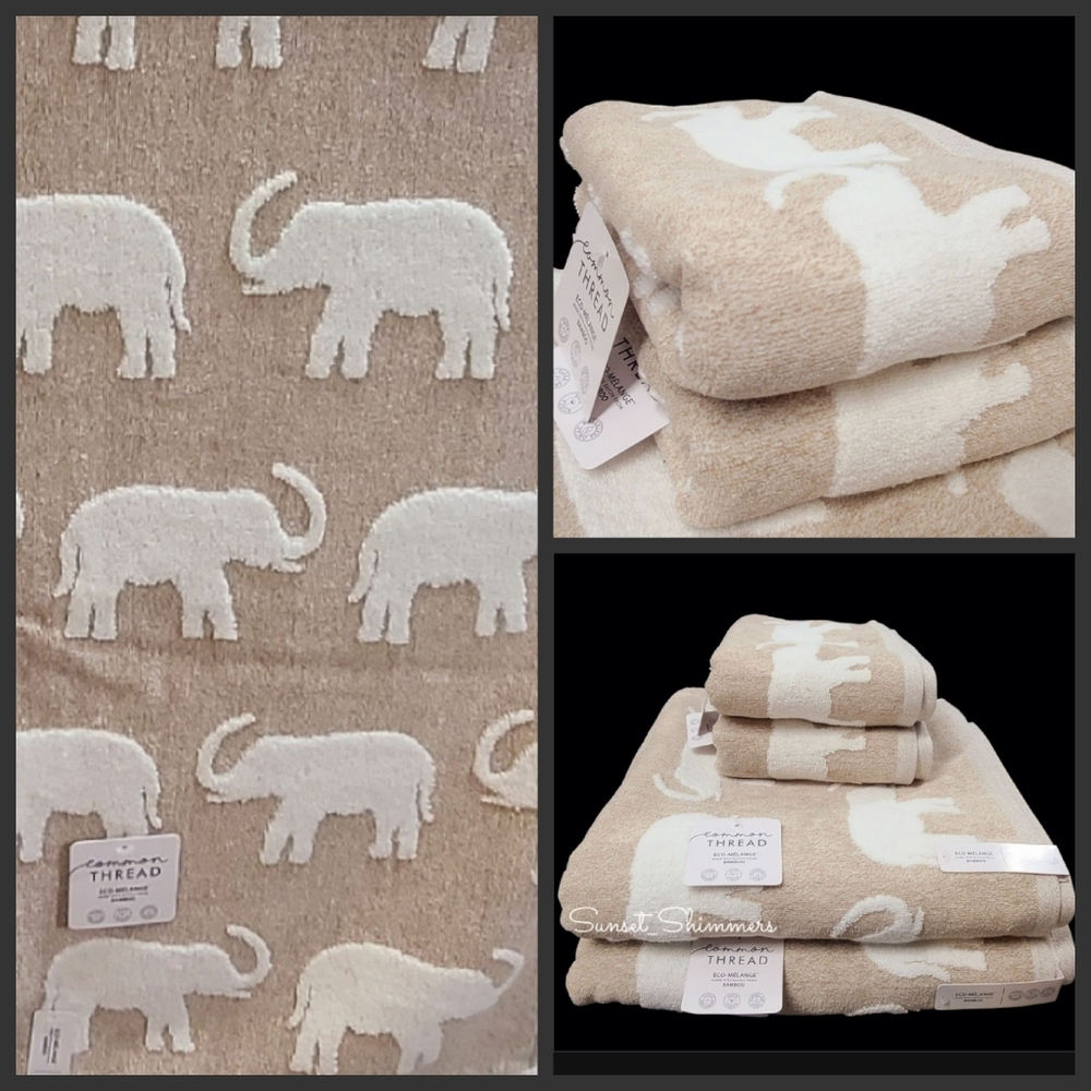 4pc Tan COMMON THREAD Lucky Elephant Zero Twist Cotton Bath & Hand Towel Set NEW